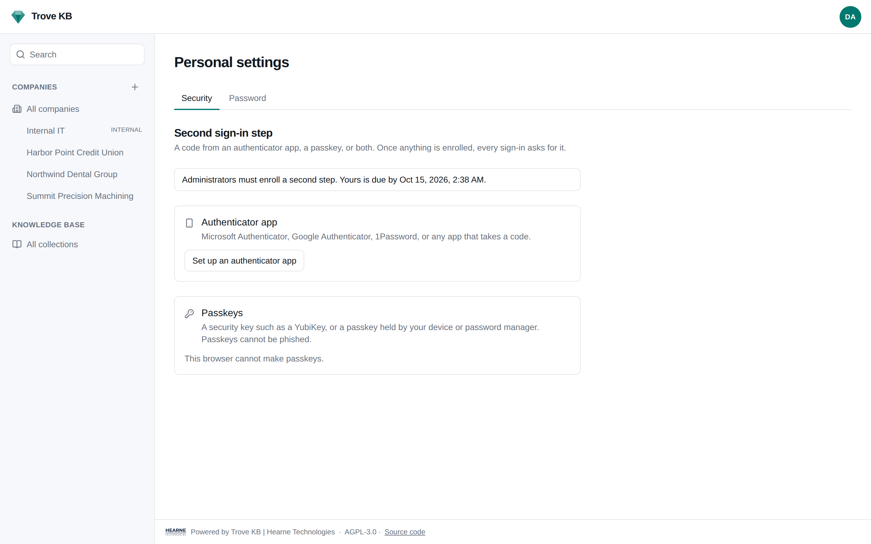 Personal settings → Security with an authenticator app enrolled, two passkeys, and recovery codes