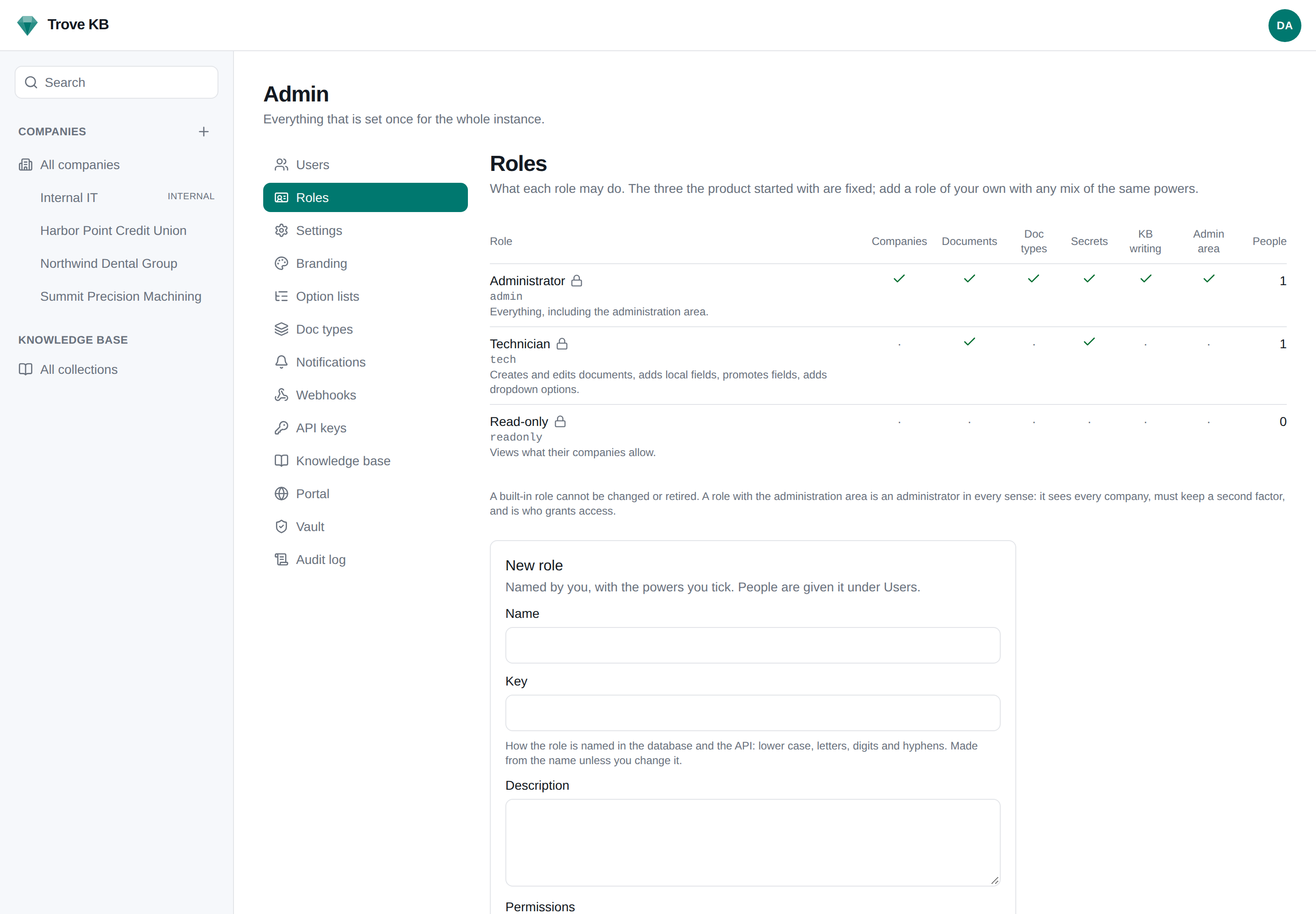 Admin → Roles listing the built-in roles with their permissions and a form to add one