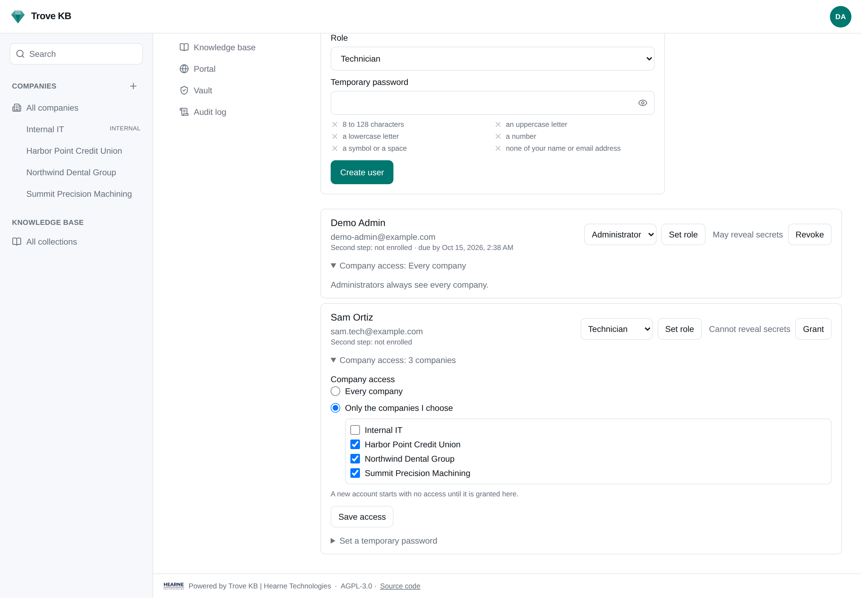 Admin → Users, a tech account granted three of the instance's companies