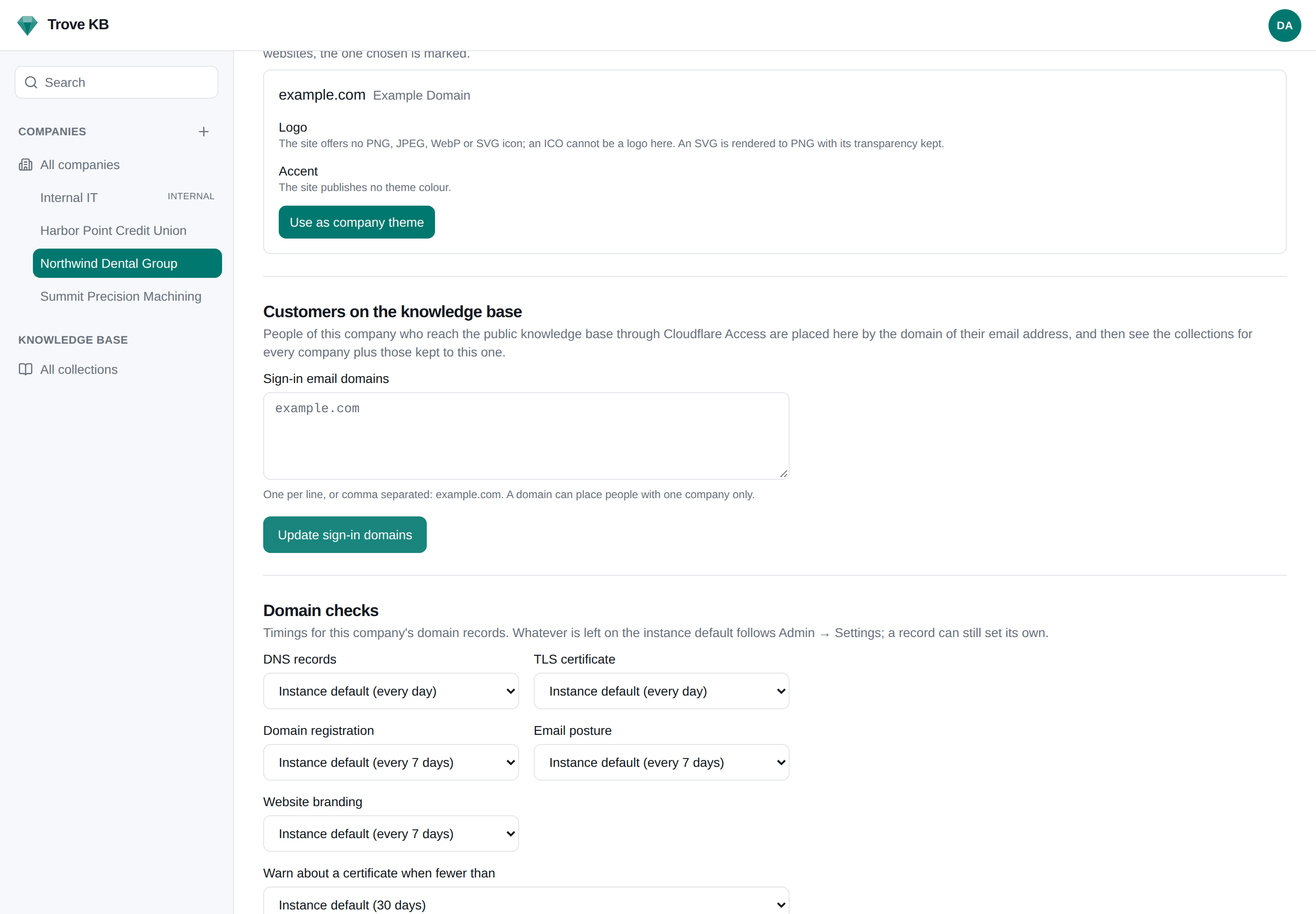 A company's edit page listing what its website publishes about its look, with a Use as company theme button
