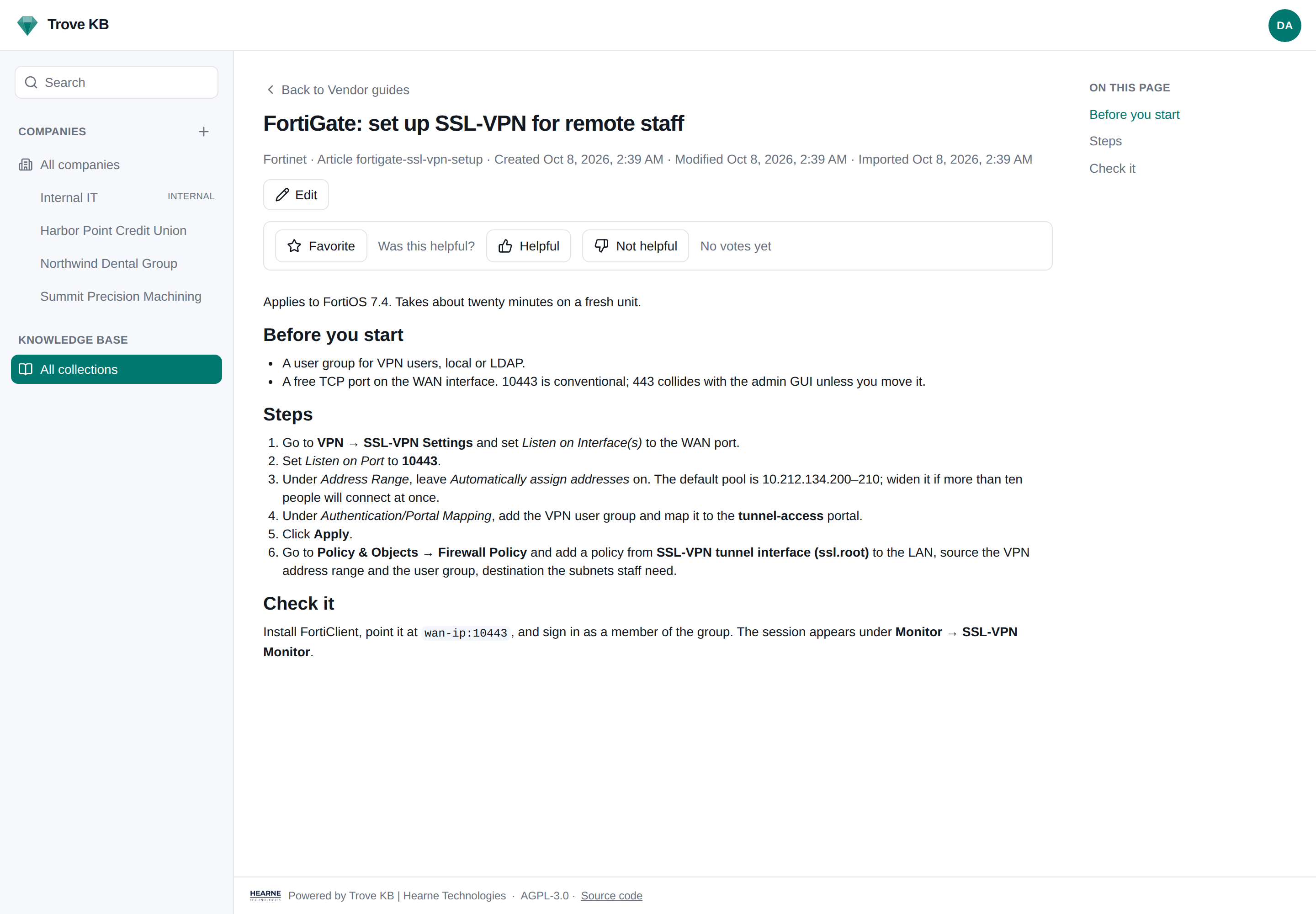 A knowledge base article with numbered steps, a screenshot between two steps, and the outline on the right