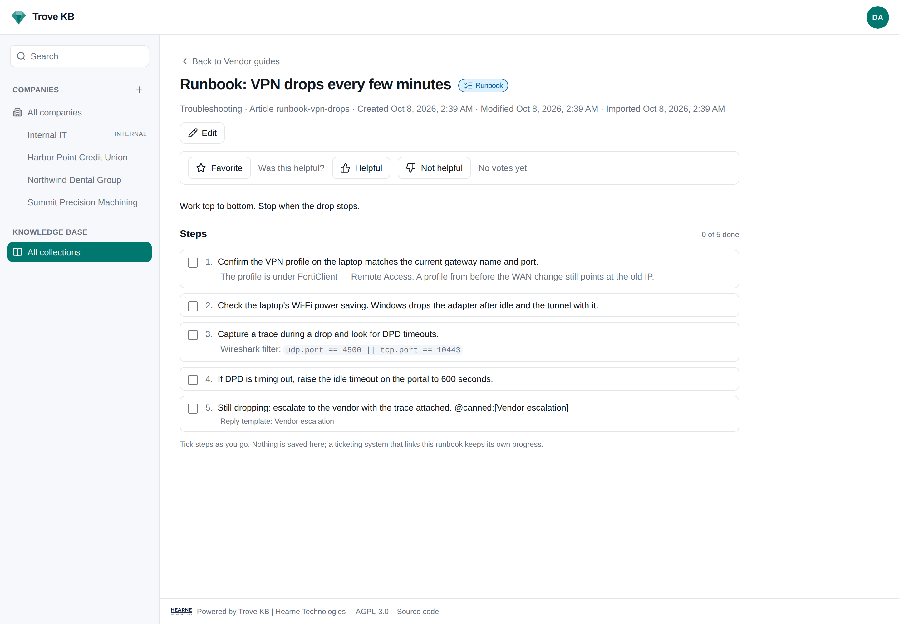 A runbook article: five numbered steps with checkboxes, a note under the first, a Wireshark filter under the third, and a reply template on the last